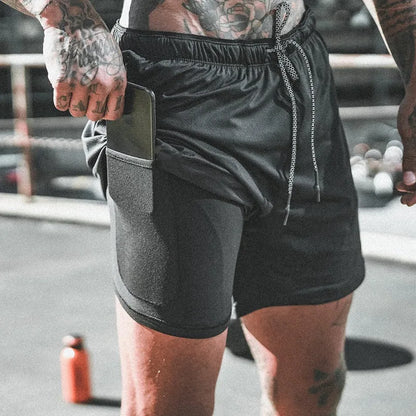 European Men's Sports Summer Double Layer Mobile Phone Pants Gym Exercise Jogging Training Shorts