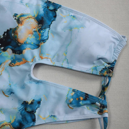 Marble Print One Shoulder Women Swimwear One Piece Swimsuit Female Monokini Bather High Cut Out Bathing Suit Swim