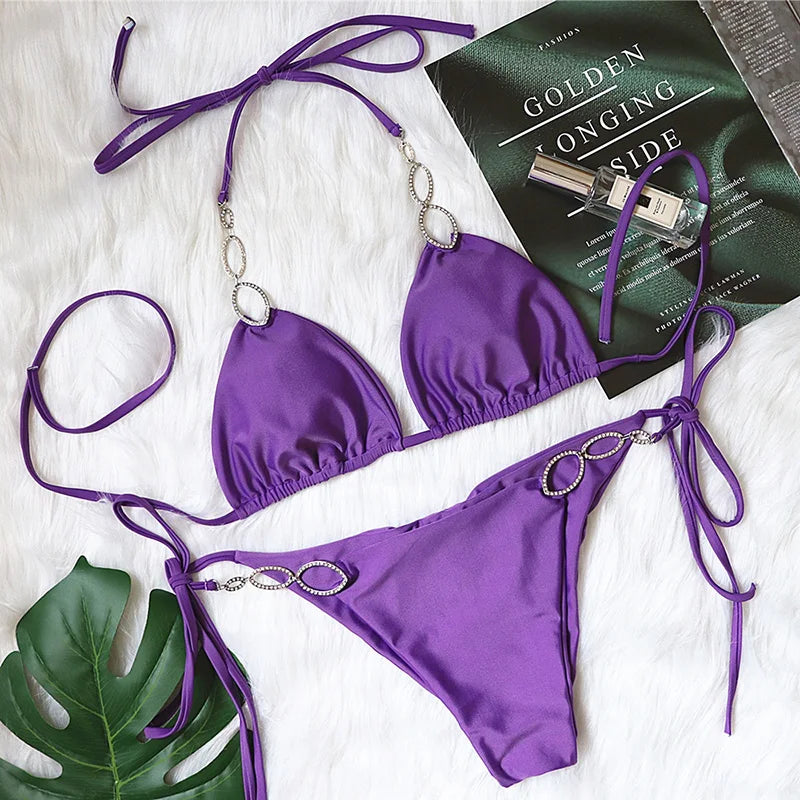 Halter Diamond Bikini Women Swimsuit Female Metal Chains Swimwear Two Pieces Bikini set Brazilian Bather Bathing Suit Swim