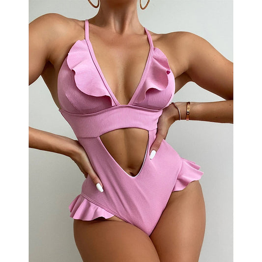 Ruffle One Piece Swimsuit Deep V Hollow Swimwear Women Backless Monokini Solid Bathing Suit Beachwear