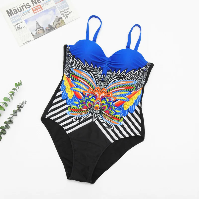 One Piece Swimsuit Closed Large Size Print Swimwear Women Flower Push Up Swimsuits Body Female Beach Bathing Suit XXL