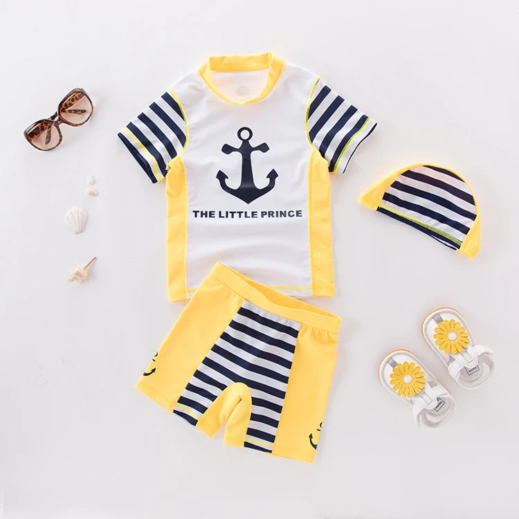 Boys' Cartoon Rash Guard Swim Set with Shorts & Hat