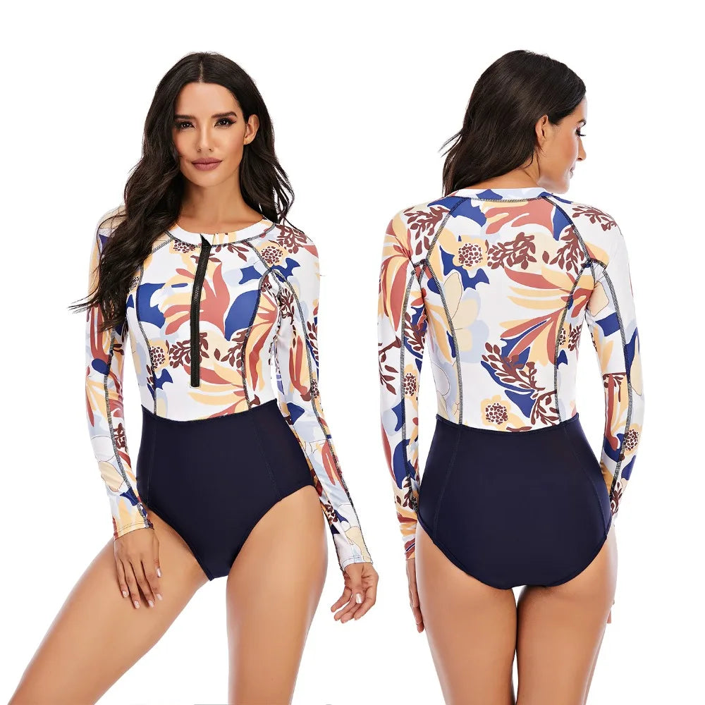 Women 2XL Diving Rashguard Long Sleeve UV Sun Protection Swimsuit Zipper Swimwear Printed Surfing Suit Rash Guards Bathing Suit
