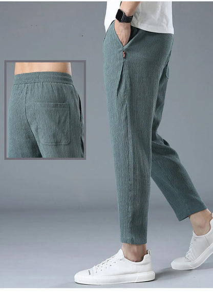 Ice Silk Linen Man Sport Pants Casual Wide Summer Sweatpants Male Drawstring Spring Autumn Lightweight Halking Harem Trousers
