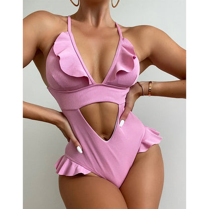 Ruffle One Piece Swimsuit Deep V Hollow Swimwear Women Backless Monokini Solid Bathing Suit Beachwear