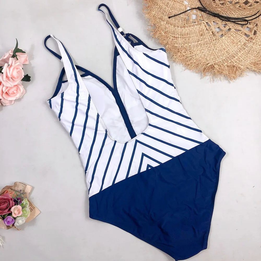 Vintage Swimsuit Women Plus Size One Piece Swimwear Deep V Striped Backless Bathing Suit Tummy Control Monokini Beach