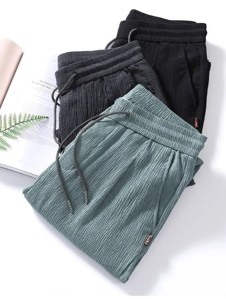 Ice Silk Linen Man Sport Pants Casual Wide Summer Sweatpants Male Drawstring Spring Autumn Lightweight Halking Harem Trousers