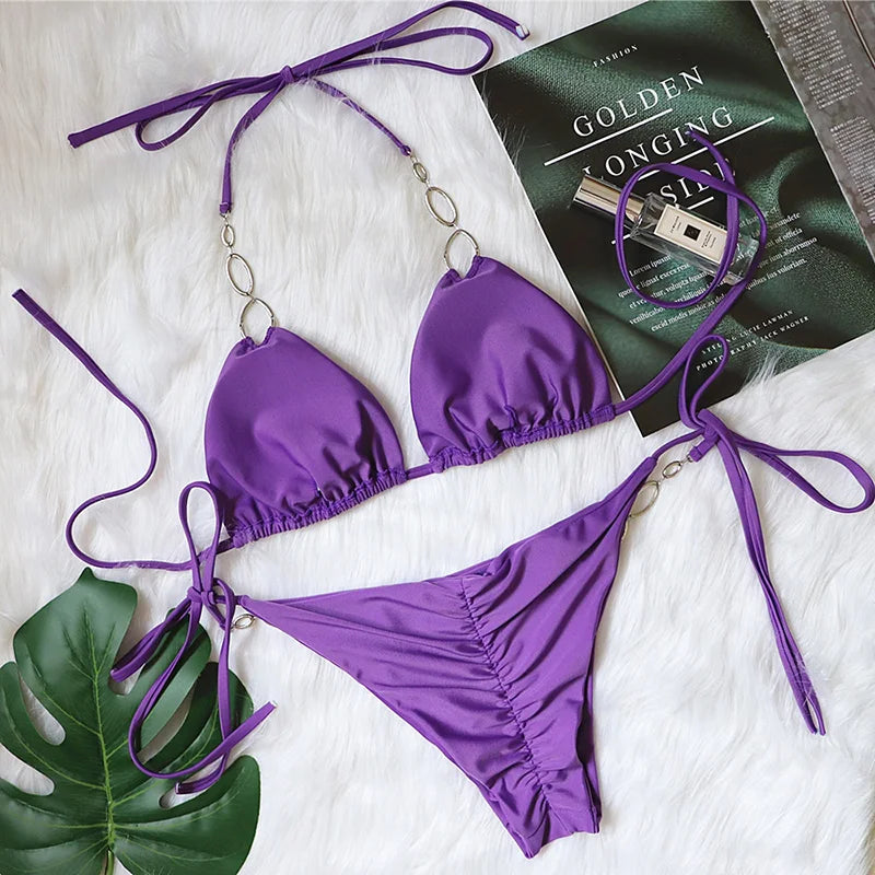 Halter Diamond Bikini Women Swimsuit Female Metal Chains Swimwear Two Pieces Bikini set Brazilian Bather Bathing Suit Swim