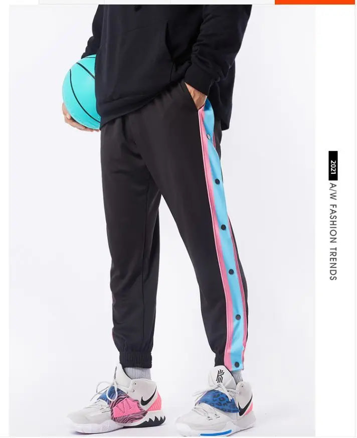 Harajuku Fashion Sports Men Pants Daily Outdoor Basketball Sweatpants Hollow Out Side Stripe Button Fly Design Creative Trousers