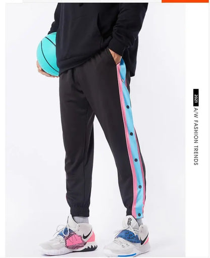 Harajuku Fashion Sports Men Pants Daily Outdoor Basketball Sweatpants Hollow Out Side Stripe Button Fly Design Creative Trousers