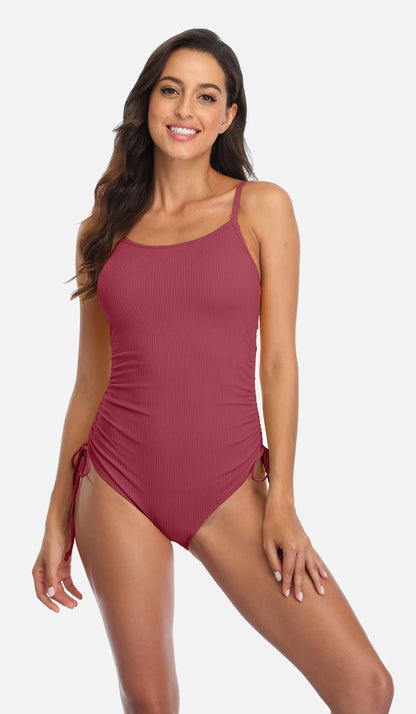 Anfilia Women's Ribbed One Piece Swimsuits Tie Side High Cut Bathing Suits Padded Monokinis Swimwear