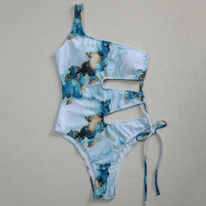 Marble Print One Shoulder Women Swimwear One Piece Swimsuit Female Monokini Bather High Cut Out Bathing Suit Swim