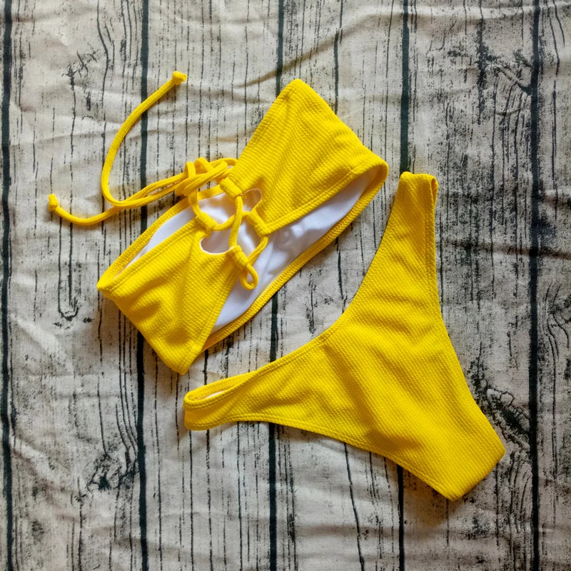 Solid Bikini Brazilian Swimsuit Women Bikini Set Off Shoulder Swimwear Female Swimming Bikini
