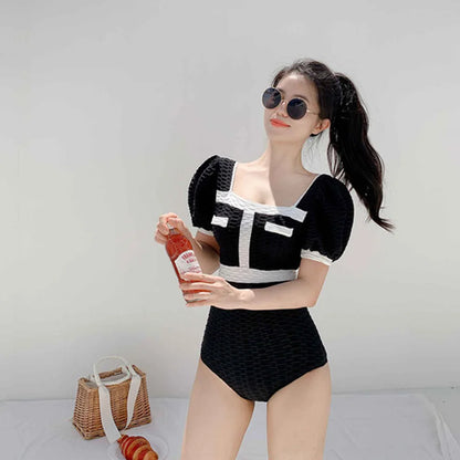 White Swimwear Women One Piece Swimsuit Female Korean Short Sleeve Bathing Suit High Waist Hollow Monokini