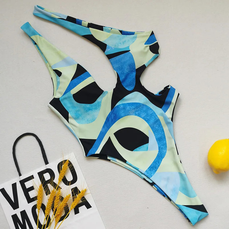 Asymmetric Printed One Shoulder Women Swimwear One Piece Swimsuit Female Backless Monokini High Cut Bathing Suit Swim Bodysuit