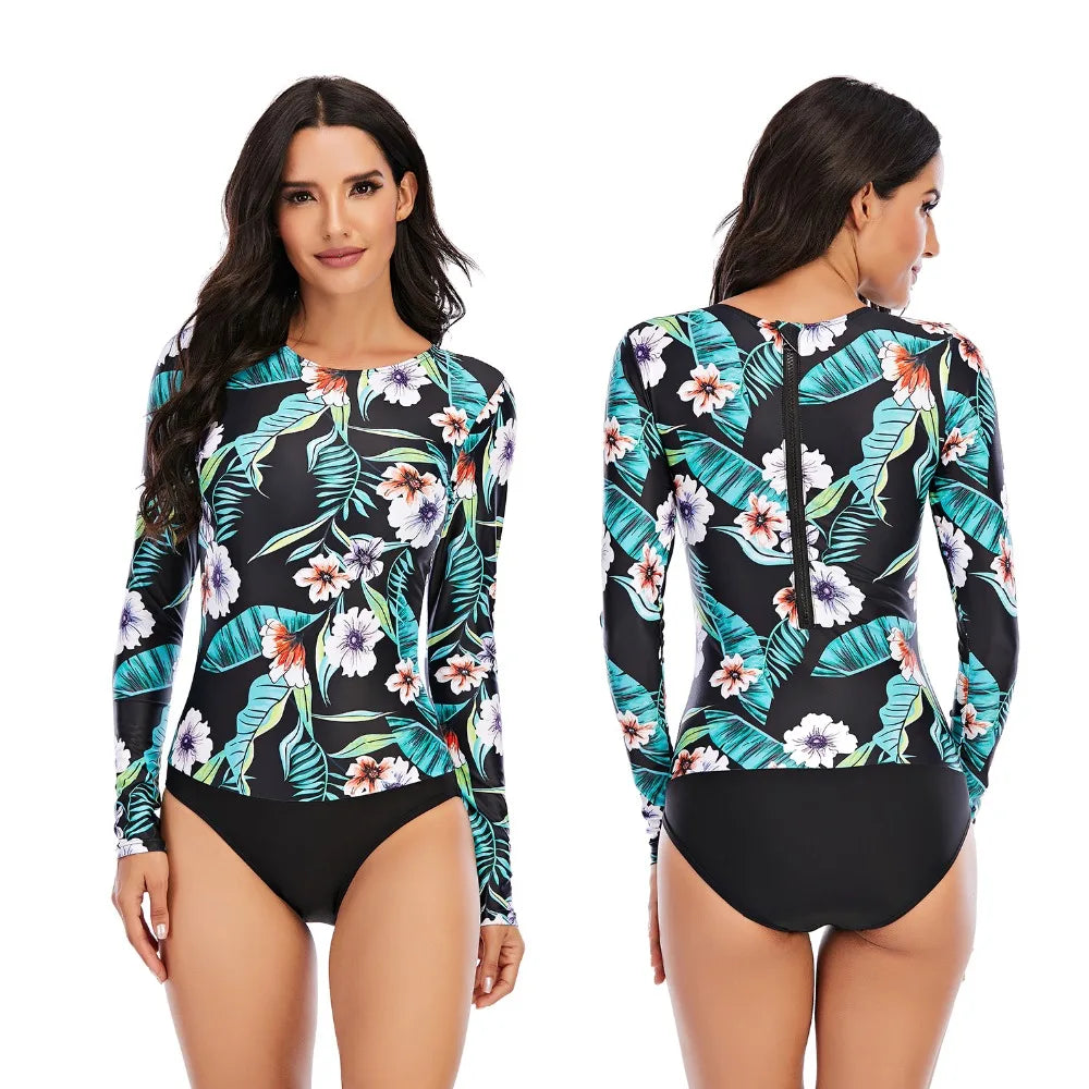 Women 2XL Diving Rashguard Long Sleeve UV Sun Protection Swimsuit Zipper Swimwear Printed Surfing Suit Rash Guards Bathing Suit