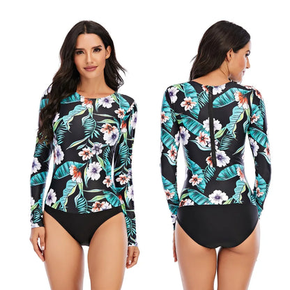 Women 2XL Diving Rashguard Long Sleeve UV Sun Protection Swimsuit Zipper Swimwear Printed Surfing Suit Rash Guards Bathing Suit