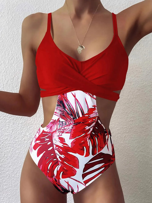 Leaf Print Design Swimwear Women One Piece Swimsuit Bathers