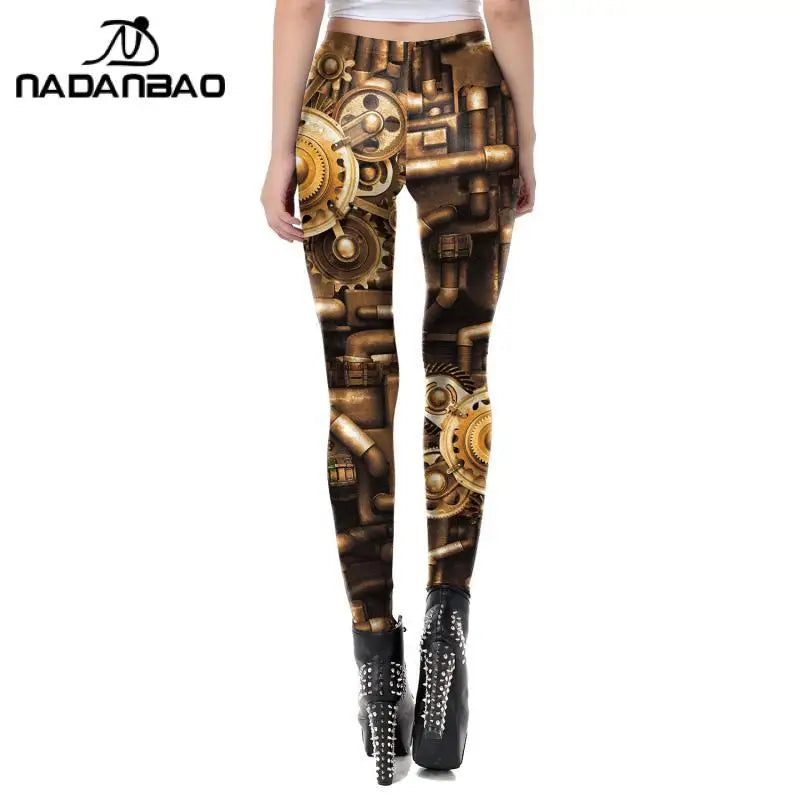 NADANBAO Gold Metal Gear Punk Leggings Women Fashion Steampunk Machinery