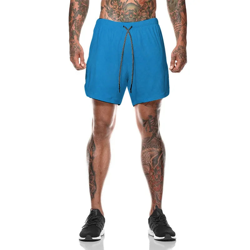 European Men's Sports Summer Double Layer Mobile Phone Pants Gym Exercise Jogging Training Shorts