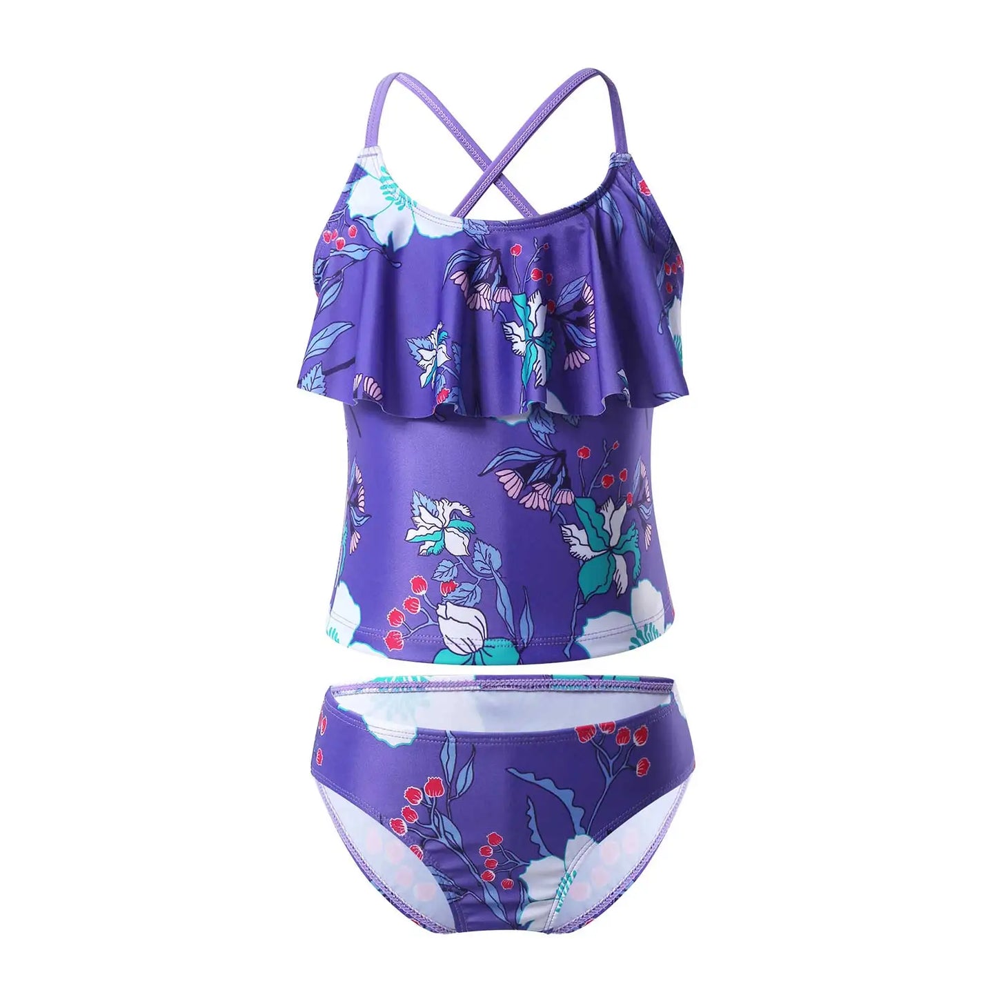 Kids Girls Swimwear Ruffle Neck Floral Pattern Tankini Swimsuit Swimwear Bathing Suit Set Tops with Bottoms Beach Bathing Suit