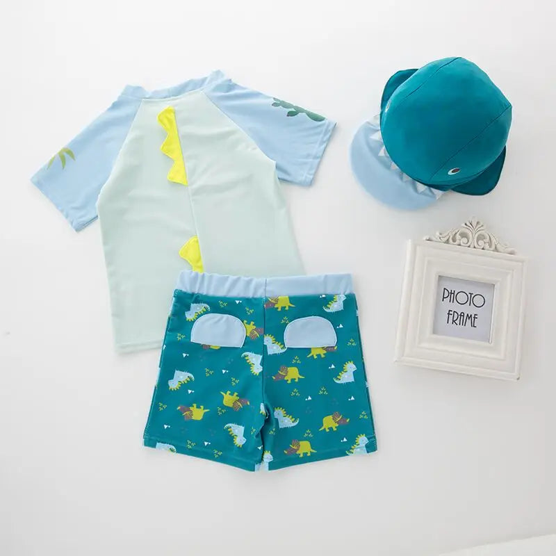Boys' Cartoon Rash Guard Swim Set with Shorts & Hat