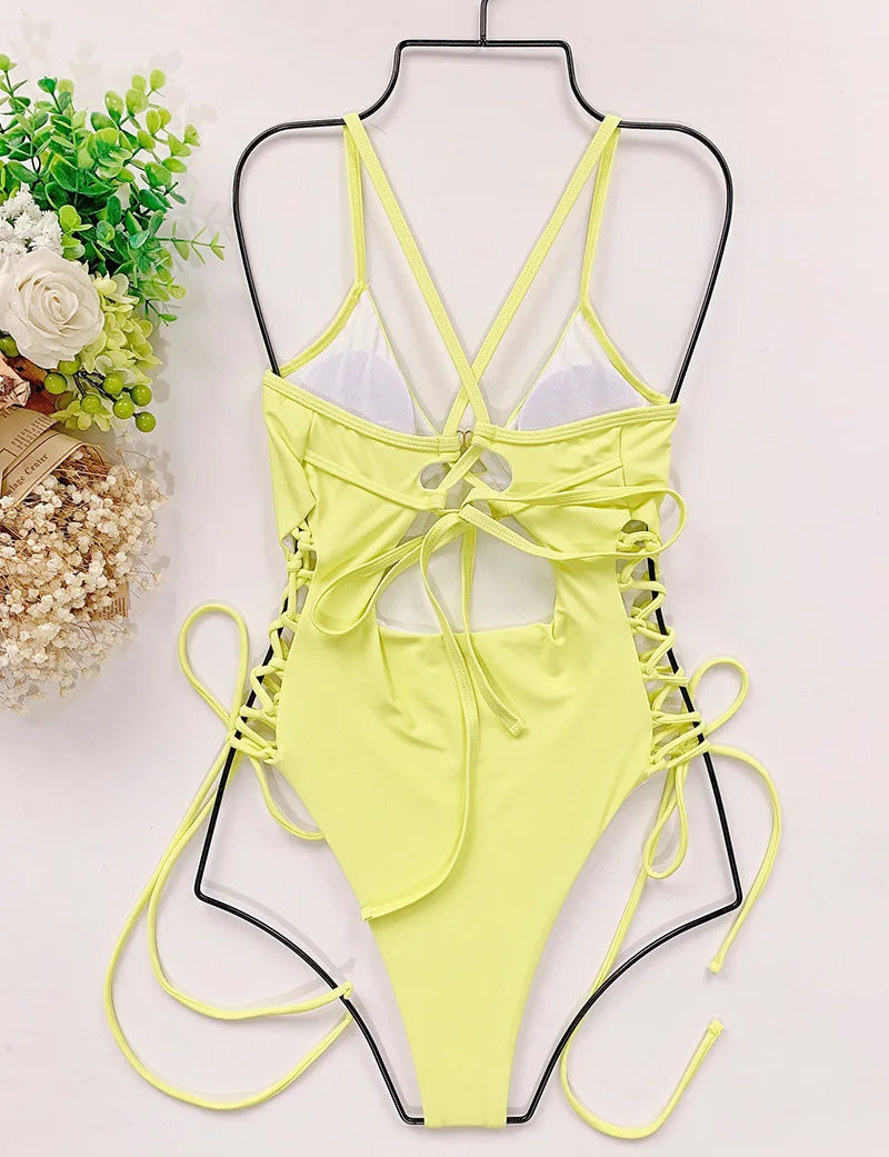 Splicing High Cut Out One Piece Swimsuit Women Tassel Swimwear Female Bathing Suit String Leopard Bikini Monokini Lady