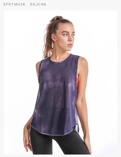 Women Sport Vest Loose Thin Mesh Yoga Shirt Running Fitness Sleeveless T-shirt Quick Dry Forked Tank Tops Gym Workout Tee Blouse
