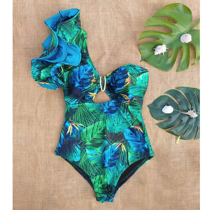 Ruffle Print Floral One Piece Strappy One shoulder Swimwear Women Swimsuit Bathing Suit Backless Beachwear Monkini