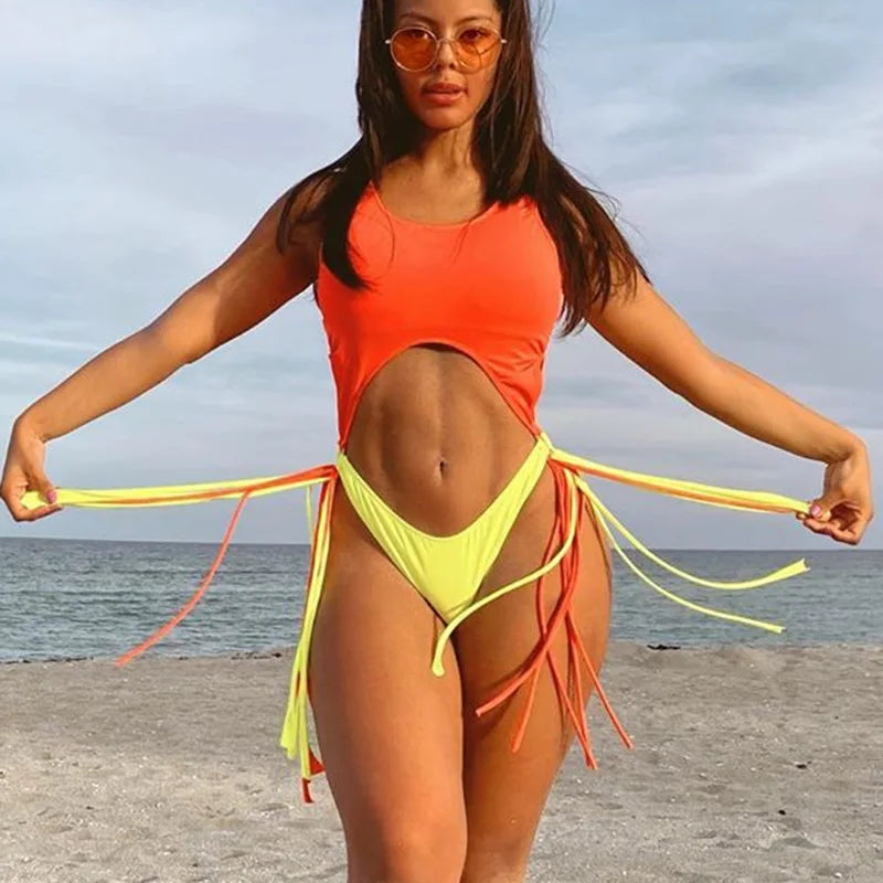 Splicing High Cut Out One Piece Swimsuit Women Tassel Swimwear Female Bathing Suit String Leopard Bikini Monokini Lady