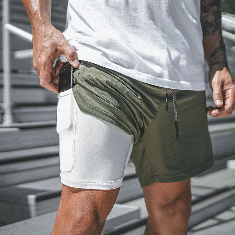 European Men's Sports Summer Double Layer Mobile Phone Pants Gym Exercise Jogging Training Shorts