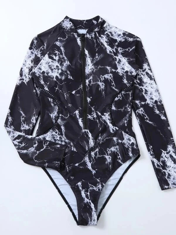 Marble Design Blue Black White Print Color One-Piece Swimsuit Long Sleeve Swimwear Sports Women's Swimming Bathing Suit Beach Bather Surfing Swim Wear