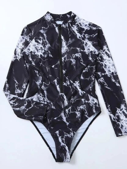 Marble Design Blue Black White Print Color One-Piece Swimsuit Long Sleeve Swimwear Sports Women's Swimming Bathing Suit Beach Bather Surfing Swim Wear