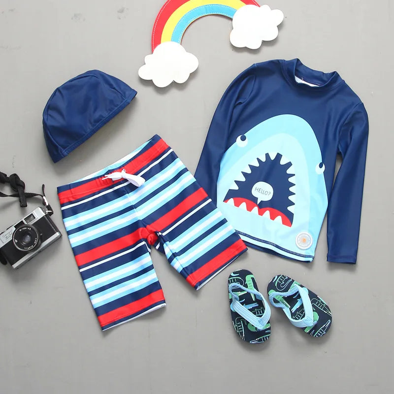 Boys' Dinosaur-Print Long-Sleeve Rash Guard Set with Shorts & Hat