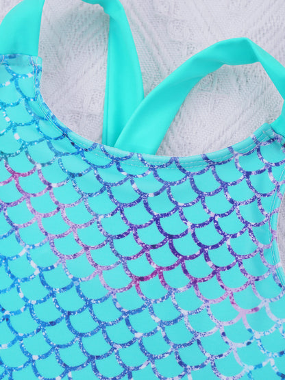 Little Girls Mermaid Fish Scales Swimsuit Sleeveless Cartoon Print One-piece Swimwear Summer Beachwear Bathing Suit
