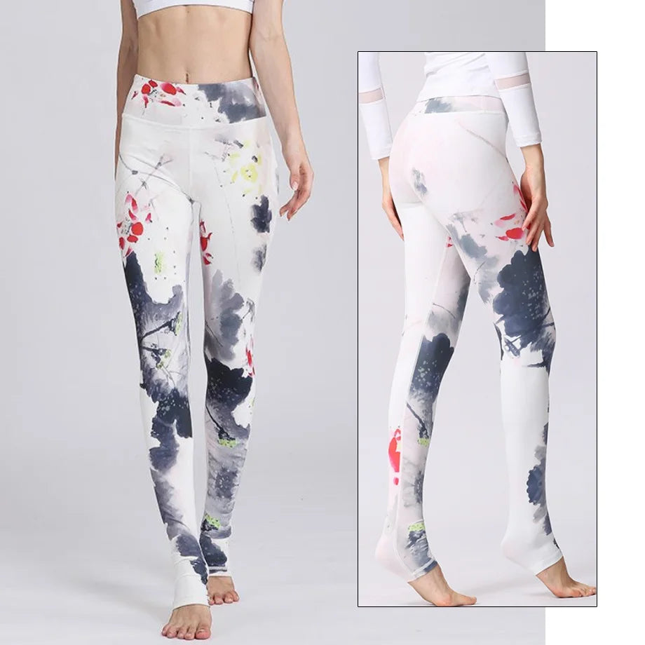 Yoga Pants Women High Waist Trainer Sports Leggings Long Tights Floral Push Up Running Trouser Workout Tummy Control