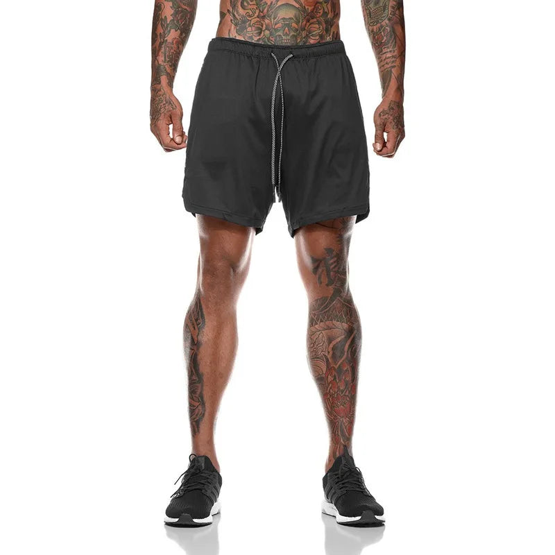 European Men's Sports Summer Double Layer Mobile Phone Pants Gym Exercise Jogging Training Shorts