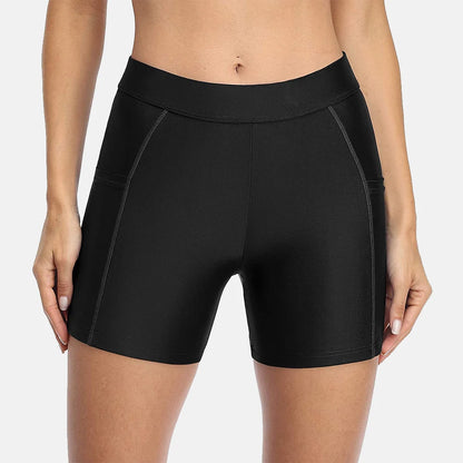 Women's Board Shorts with Pockets Solid Swimming Shorts High Rise Swim Bottoms Solid Swimwear Trunks