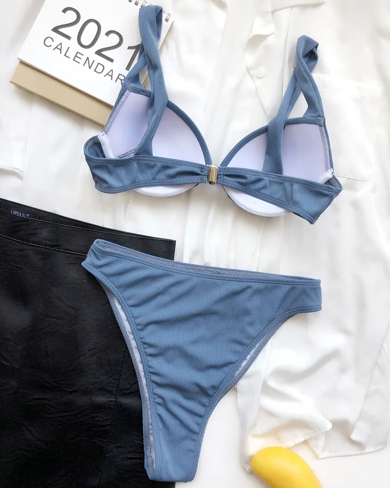 Ribbed Bra Cup High Waist Bikini Women Swimsuit Female Swimwear Two Pieces Bikini set Push Up Bather Bathing Suit Swim Lady