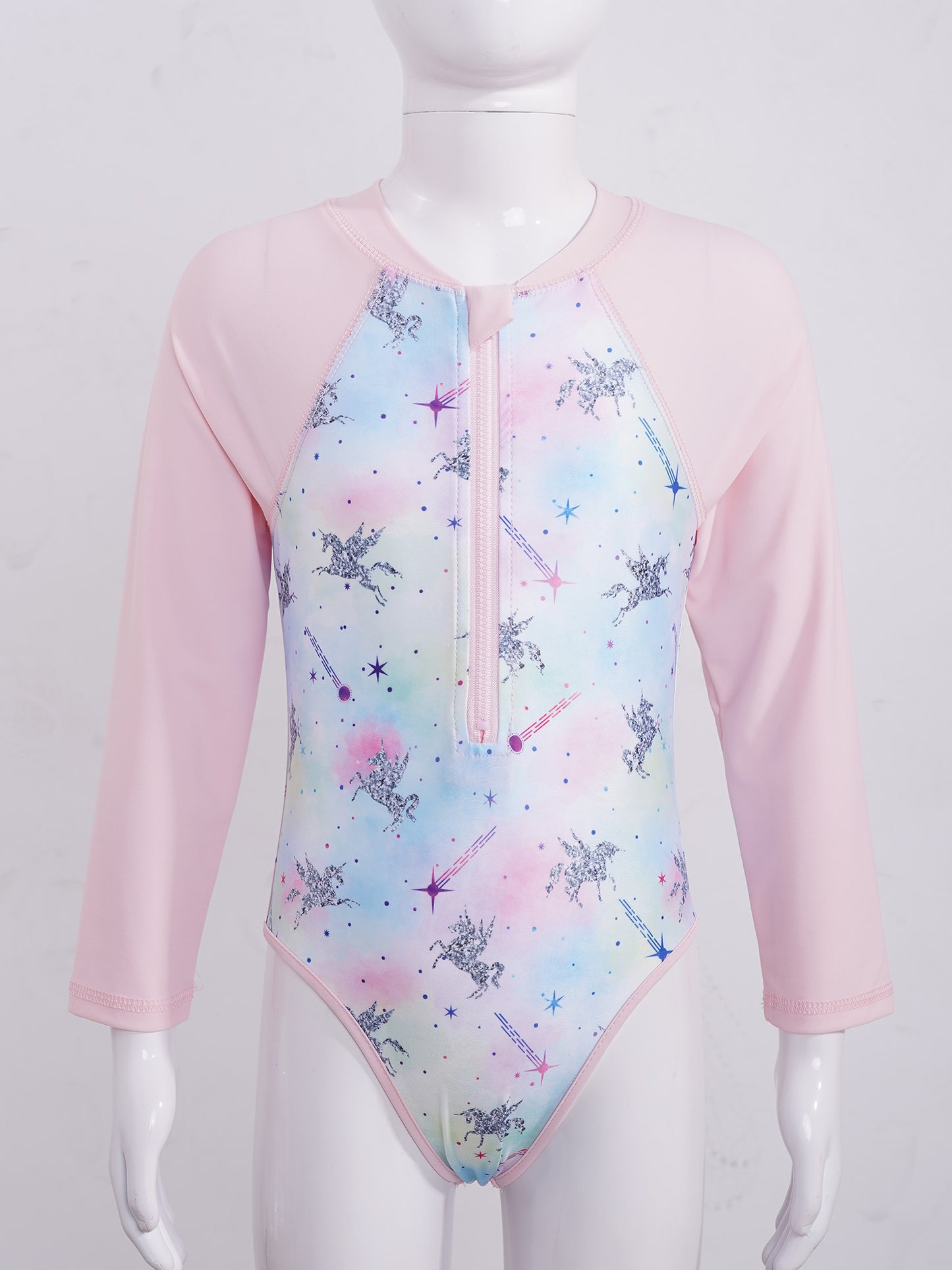 Summer Swimming One-piece Kids Girls Swimsuit Rash Guard Long Sleeves Palm Printed Zippered Bathing Suit Swimwear Beach Wear