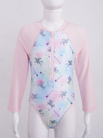 Summer Swimming One-piece Kids Girls Swimsuit Rash Guard Long Sleeves Palm Printed Zippered Bathing Suit Swimwear Beach Wear