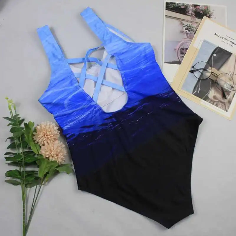 Push Up Swimwear Criss Cross Back One-piece Beach Bathing Suit Gradient Print One Piece Women Swimsuit