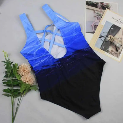 Push Up Swimwear Criss Cross Back One-piece Beach Bathing Suit Gradient Print One Piece Women Swimsuit