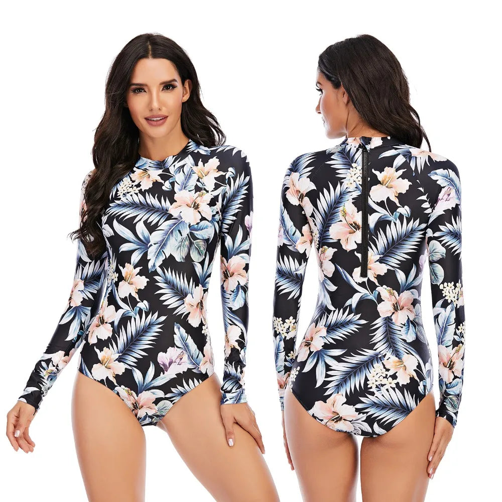 Women 2XL Diving Rashguard Long Sleeve UV Sun Protection Swimsuit Zipper Swimwear Printed Surfing Suit Rash Guards Bathing Suit