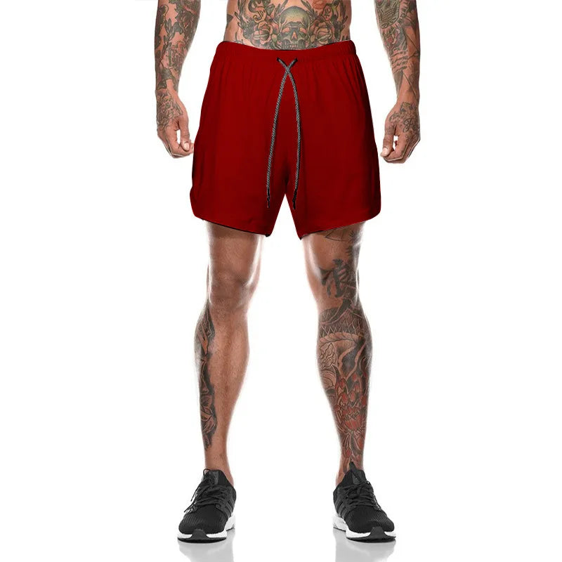 European Men's Sports Summer Double Layer Mobile Phone Pants Gym Exercise Jogging Training Shorts