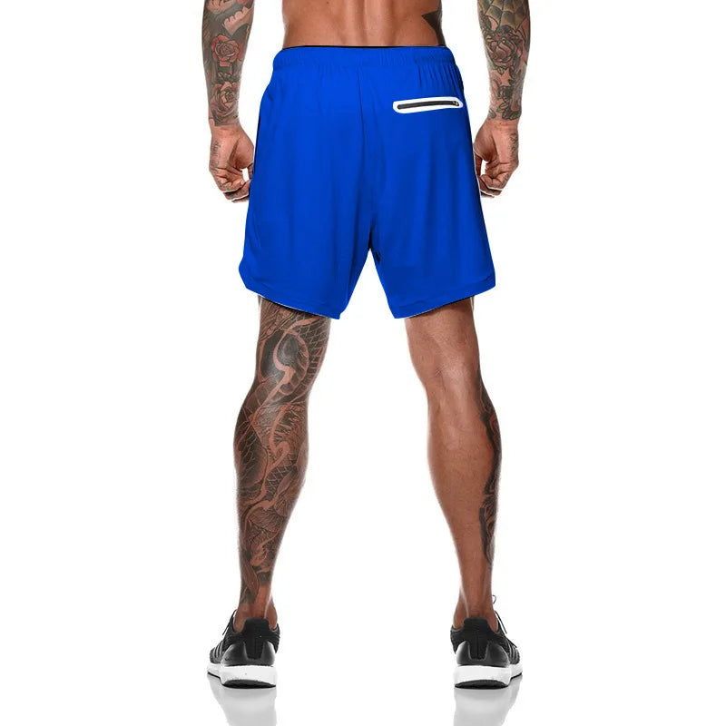 European Men's Sports Summer Double Layer Mobile Phone Pants Gym Exercise Jogging Training Shorts