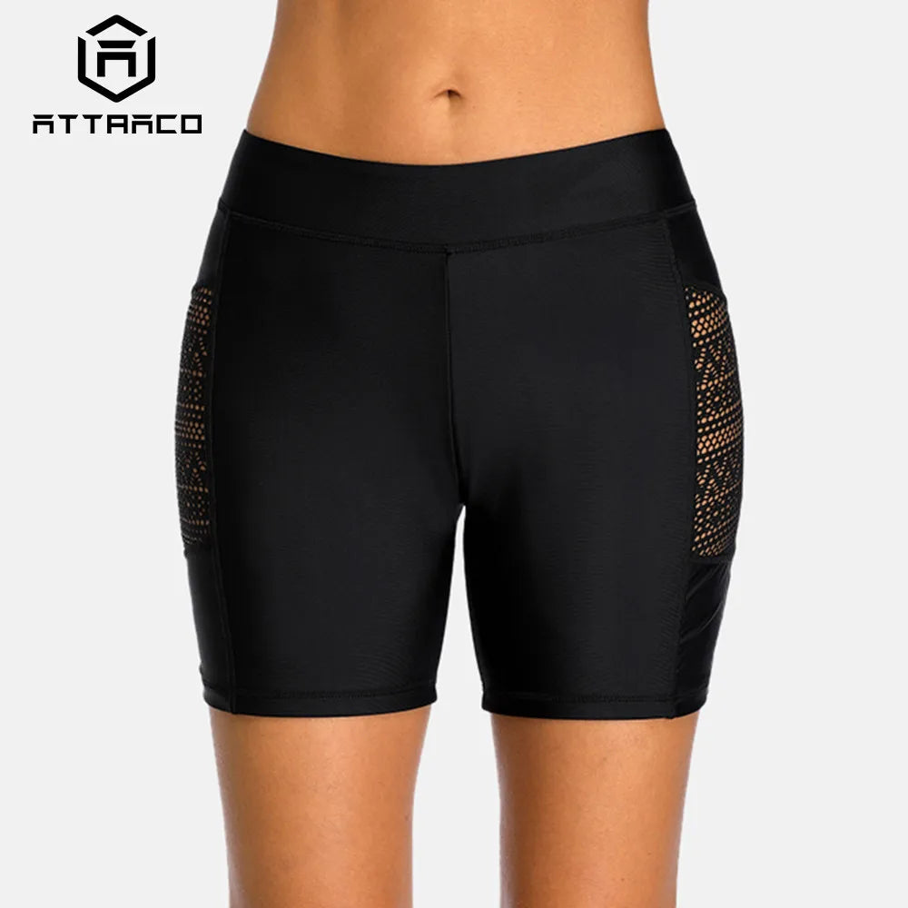 Attraco Women Sports Swimming Trunks Ladies Bikini Bottom Boy Shorts Swimwear Briefs Slim Patchwork Skinny Swim Shorts
