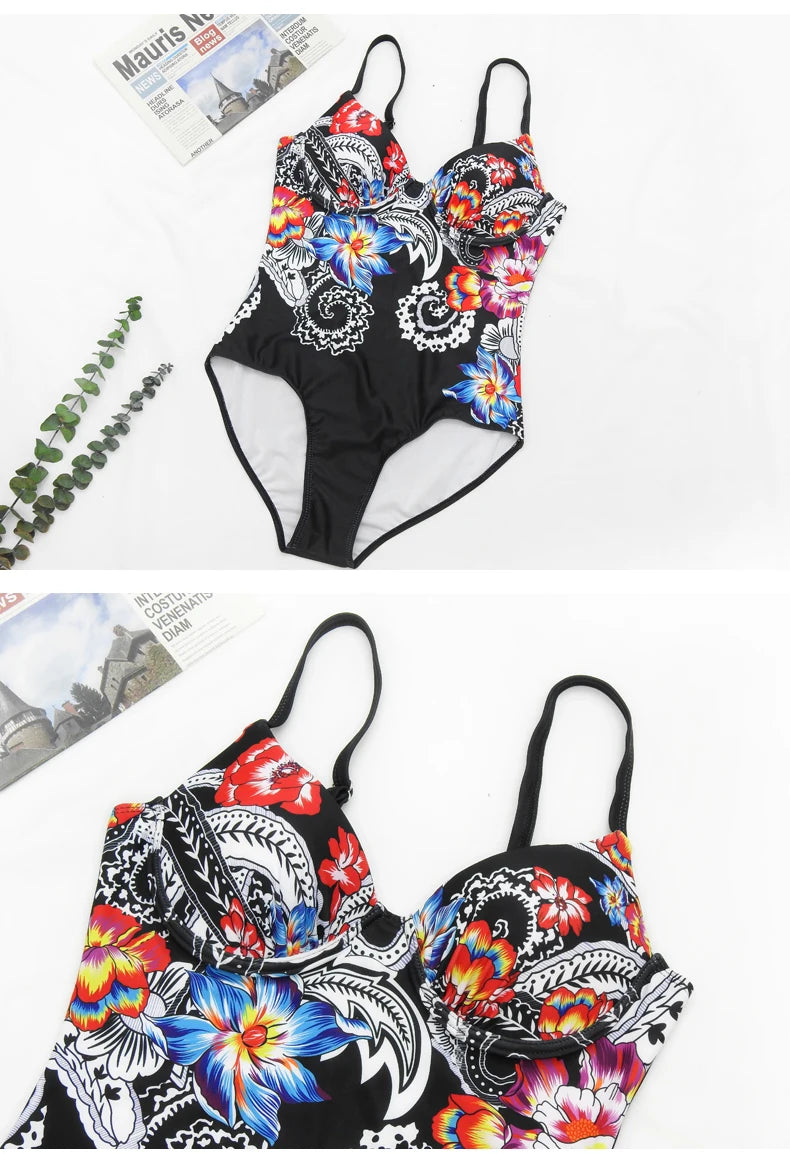 Floral Print Female One Piece Large Swimsuits Closed Plus Size Swimwear Push Up Women's Swimming Body Bathing Suit Pool Beach
