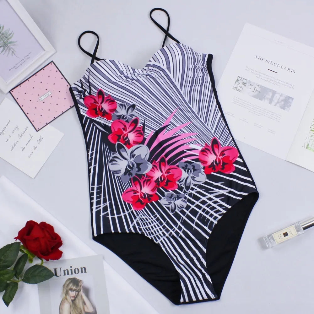 One Piece Swimsuit Closed Large Size Print Swimwear Women Flower Push Up Swimsuits Body Female Beach Bathing Suit XXL