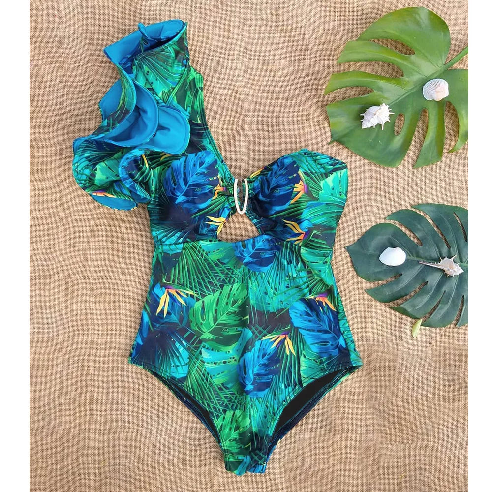 Ruffle Print Floral One Piece Strappy One shoulder Swimwear Women Swimsuit Bathing Suit Backless Beachwear Monkini
